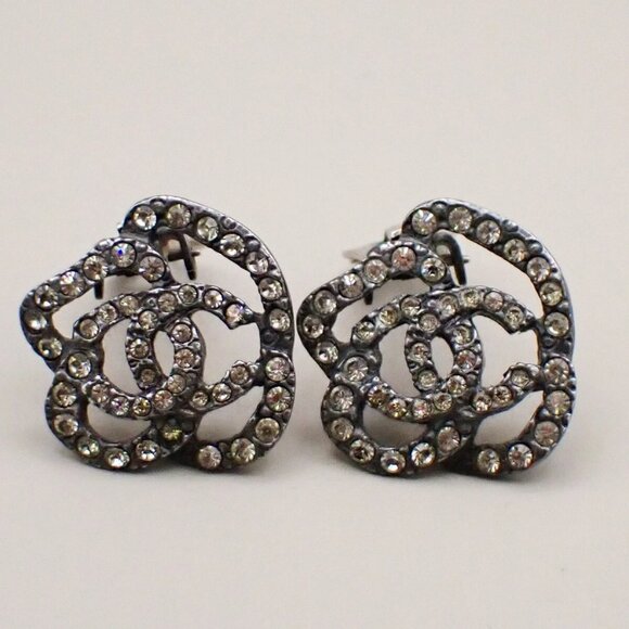 CHANEL Logo Camellia Motif Rhinestone Earrings 00A Silver France - Picture 1 of 16